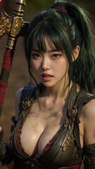 緑の髪の美女戦士が武器を持ってこちらを見ている。A beautiful green-haired warrior is looking in my direction, holding a weapon.
