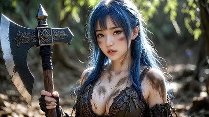 斧を持った青い髪の美女戦士がこちらを見ている。A beautiful blue-haired warrior holding an axe is looking in our direction.
