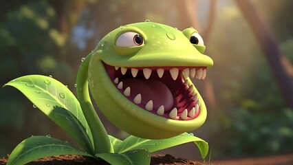 A cheerful cartoon carnivorous plant with sharp teeth and wide open mouth in a vibrant forest setting.