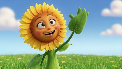 A cheerful animated sunflower character with a smiling face waving a leaf hand in a sunny green field.