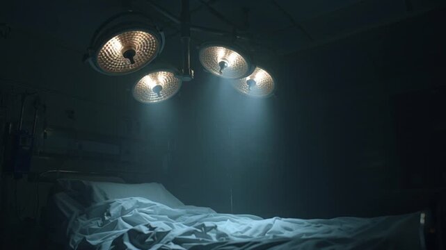 Eerie Operating Room Scene with Surgical Lights Over Empty Bed.