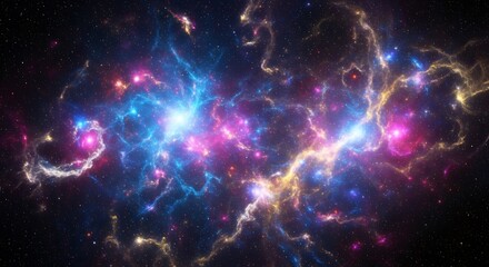 Vibrant cosmic nebula with glowing blue, pink, and yellow gas clouds and countless stars in deep space.