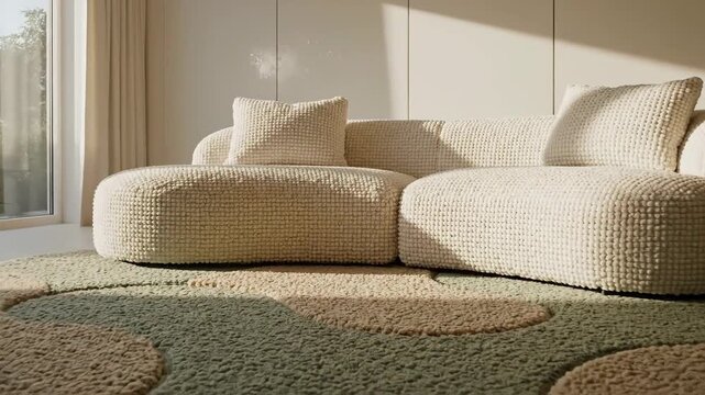 Inviting modern living room with cozy textured modular sofa, organic rug, and warm natural light.