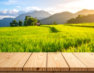 Wooden table overlooking a green rice field and mountains at sunset