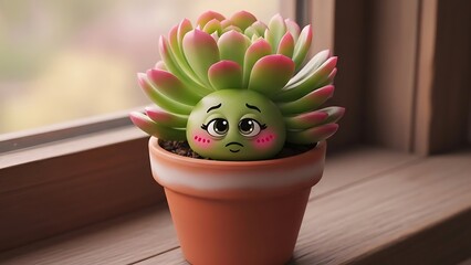 A cute and shy succulent plant with a cartoon face in a terracotta pot on a wooden windowsill.