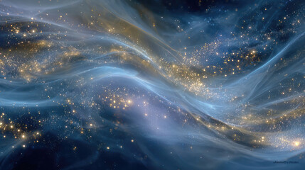 Naklejka premium An abstract cosmic composition with soft streams of blue and golden hues, reminiscent of nebulae and stardust. 
