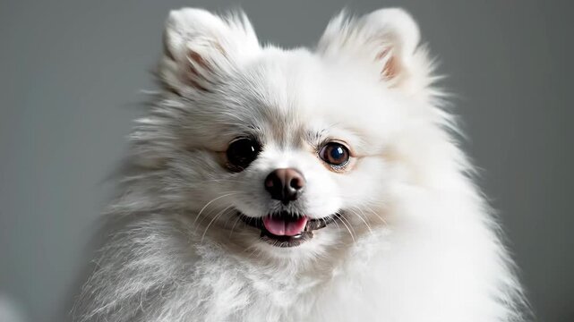 Adorable White Pomeranian Dog Portrait with Fluffy Fur and Smiling Expression.