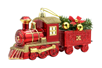 Festive red and gold Christmas train ornament, beautifully detailed with glitter, gold bells, and a vibrant red bow, evoking holiday cheer