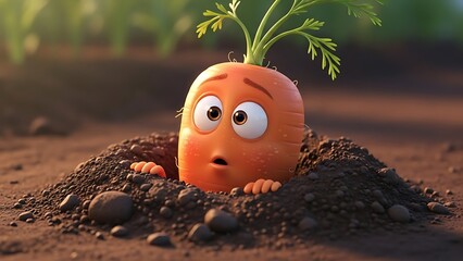 A cute cartoon carrot character with big eyes peeking out of the soil, looking surprised or worried in a sunny garden.