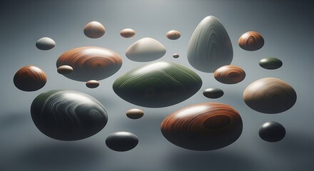 Abstract composition of floating smooth wooden and stone-like oval objects.