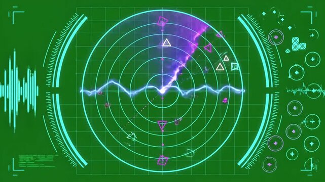 Digital Surveillance Overlay with abstract radar targets in action futuristic computer system animation colorful searching online program military force and concept distortion, green screen overlay