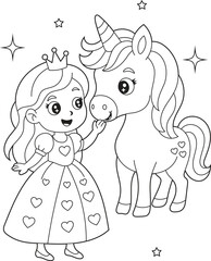 Princess and Unicorn Coloring Page for Kids. Adorable Fairy Tale Illustration with Hearts and Stars. Printable Coloring Sheet for Preschool, Kindergarten, and Girls
