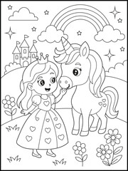 Kawaii Princess with Unicorn Coloring Page for Girls. Illustration of a Fairy Tale Castle and Rainbow Scene. Adorable Kids Printable Art.  Cute Coloring Sheet for Kids and Adults.