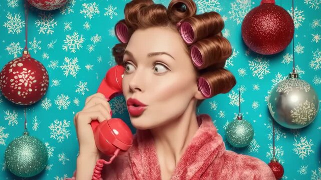 Generative AI. Woman with vintage curlers, wearing a cozy robe, is talking on a retro phone against a festive background adorned with colorful ornaments and snowflake patterns