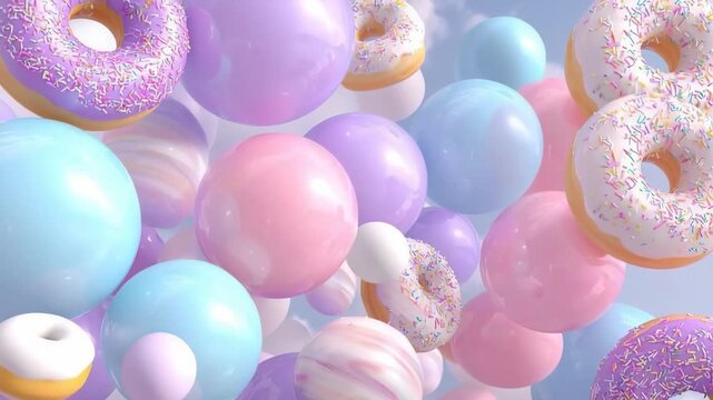 Generative AI. Colorful floating donuts and glossy spheres in pastel shades create a whimsical atmosphere, evoking a sense of joy and celebration in a dreamy environment
