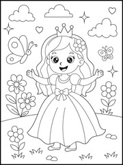 Happy Princess in Magical Garden Coloring Page.  Cute Cartoon Girl with Flowers and Hearts.Printable Kids Coloring Sheet for Girls
