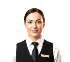 Professional young woman wearing a crisp white shirt, black vest, and tie, with a name tag, smiles confidently, exuding a friendly and welcoming demeanor in a studio portrait