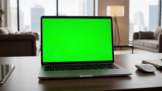 Green Screen Integration with 4k dolly short over the shoulder shot of a business woman working in office interior on pc desk looking at person using laptop computer distortion, overlay, glitch