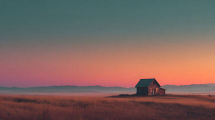 Tranquil Homestead at Dawn: An evocative image of a rustic house stands serenely in a field at dawn, against a backdrop of a gradient sky, with an atmosphere of peace and solitude.