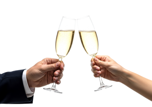 Two hands holding elegant champagne flutes clinking together in a festive toast, symbolizing celebration, success, and joyful moments with sparkling golden liquid - Powered by Adobe