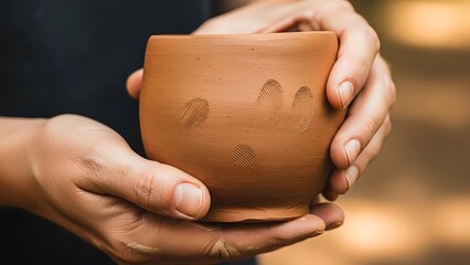 Hands embracing a handmade ceramic pot with fingerprint impressions