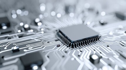 Detailed close-up of modern computer chip with complex circuitry and bokeh lights