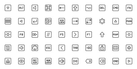 Keyboard icon set. Minimal vector key symbols collecion. Includes keys like Al, Delete, Command, Functio, Shift, Tab, Arrow, Volum, Brightness, F1-F8 and moe. Editable stroke.