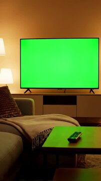 Chroma Key Television with man watching in living room evening young guy sitting on sofa against tv green screen back view male person switching channels using remote controller distortion, overlay