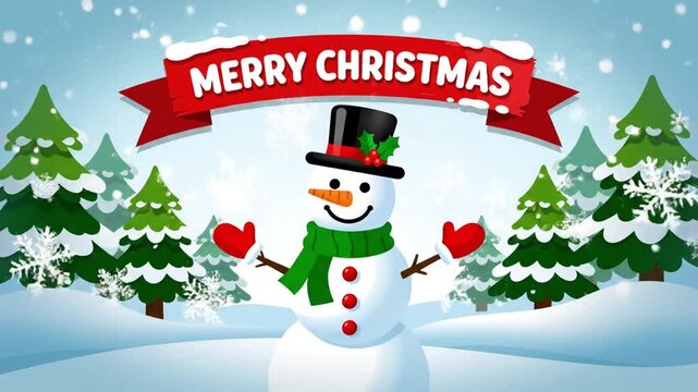 cartoon vector style Snowman With Holly Hat And Christmas Banner animated video Merry Christmas Cartoon Featuring Snowman And Pine Trees