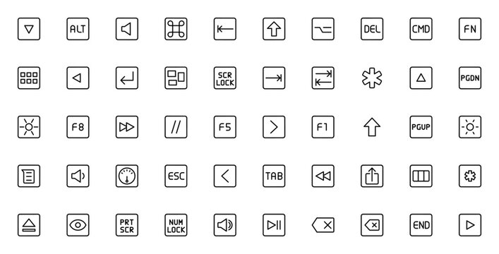 Keyboard icon set. Minimal vector key symbols collecion. Includes keys like Al, Delete, Command, Functio, Shift, Tab, Arrow, Volum, Brightness, F1-F8 and moe. Editable stroke.