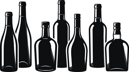 Dark bottles, beverage containers, liquor packaging, wine silhouettes, stylish glass, product mockup, branding design, alcohol concept, elegant shapes, minimal background
