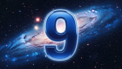 Glowing blue number nine in vibrant cosmic background with stars
