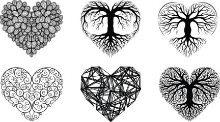 Heart-shaped nature and abstract vector designs featuring trees, leaves, filigree, and geometric patterns for love, environment, and art themes.