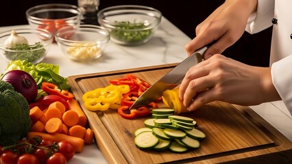 chef chopping vegetables on cutting board in professional kitchen culinary preparation