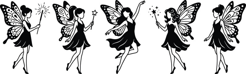 Fantasy fairy silhouette, magical wings, elegant pose, wand sparkles, enchanted dance, mystical charm, graceful movement, whimsical art, black vector, illustration