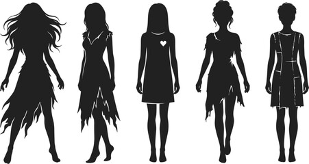 Fantasy female silhouettes, gothic fashion, tattered dresses, stitched clothing, character design, dark style, mysterious women, costume concept, eerie elegance, shadow art