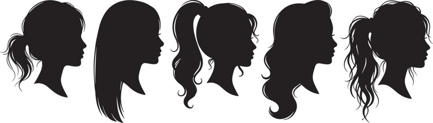 Female hairstyle silhouette, black profile, ponytail, curly hair, wavy strands, fashion design, beauty concept, vector art, elegant women, hairstyle reference