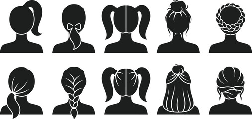 Female hairstyle silhouette, ponytail, bun, braid, pigtail, back view, hair design, fashion, beauty, elegant, trendy 