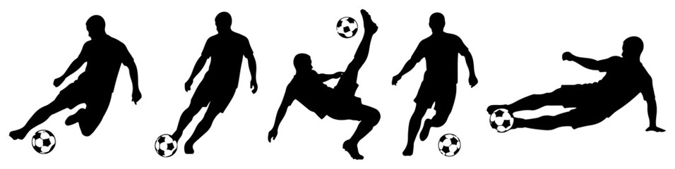 Soccer player silhouettes set featuring athletes kicking dribbling performing bicycle kick and sliding tackle with ball