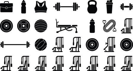 Fitness icons, gym equipment, workout symbols, dumbbell, kettlebell, sports gear, exercise tools, training items, health icons, gym machines, active lifestyle, fitness gear, weightlifting symbols