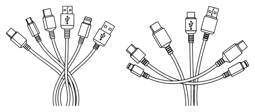 Set of universal USB charging cable connectors including Type-C Lightning and Micro USB line art vector