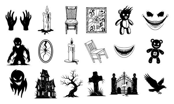 Scary horror and Halloween silhouette icons set with haunted house ghost evil teddy bear and broken mirror