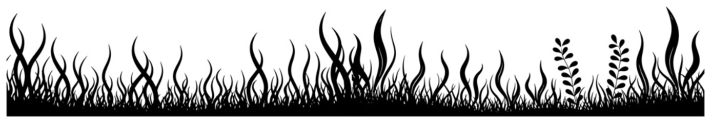 Black grass and wild meadow plants silhouette border vector grass