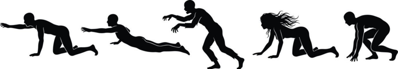 Human evolution silhouette, crawling posture, crouching movement, transformation stages, male and female figures, abstract concept, black shadow, progression theme