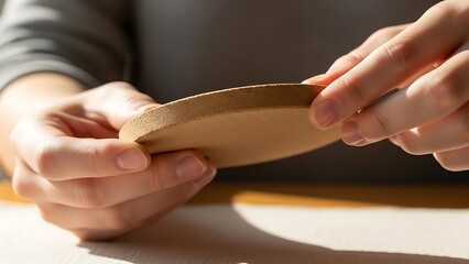 Person inspecting a handcrafted wooden disk, evaluating quality touch, skill