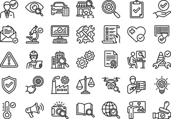 Inspection, compliance, certification, safety, audit, analysis, validation, quality control, business icons, technology, science, process, approval, standards, review, management, engineering