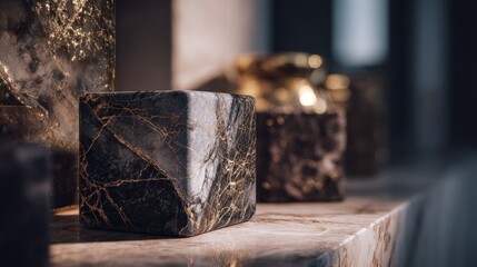 Dramatic Marble Cubes with Gold Veins: A Luxurious Decorative Element