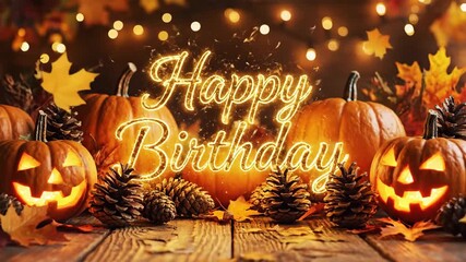 Happy Birthday message glowing amidst autumn pumpkins, jack-o'-lanterns, pinecones, and fall leaves on a rustic wooden table with bokeh lights.
