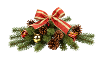 Festive Christmas arrangement displays lush green fir branches, natural pine cones, shiny red and gold ornaments, a small red gift, and a prominent glittery red and gold bow, radiating holiday cheer
