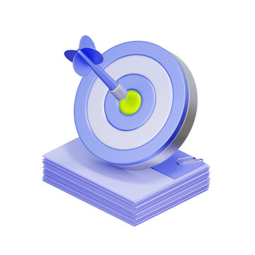 3D icon of a dartboard with a document stack For financial goal setting, target achievement, business objective, and success plan.